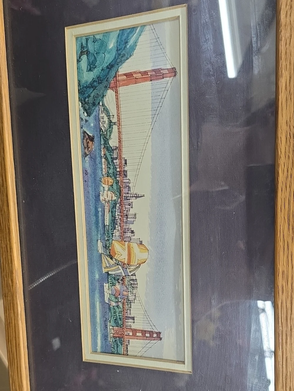 Framed Golden Gate Bridge Watercolor Print in Brown Frame